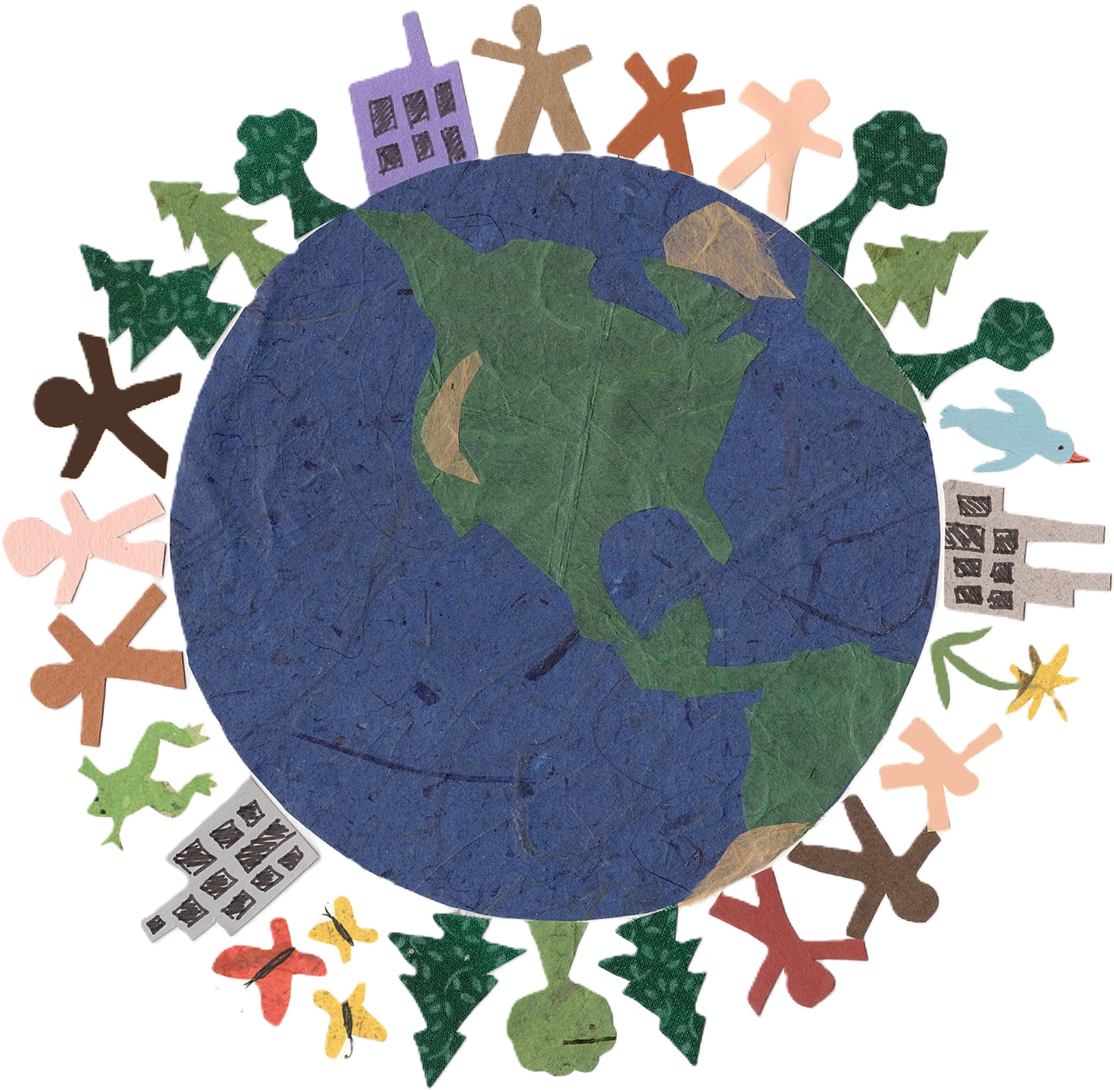 Earth Day globe graphic representing community meet ups and environmental action